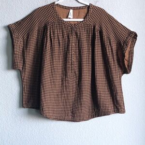 Pact Organic Cotton Gingham Short Sleeve Popover Top Blouse Brown Black